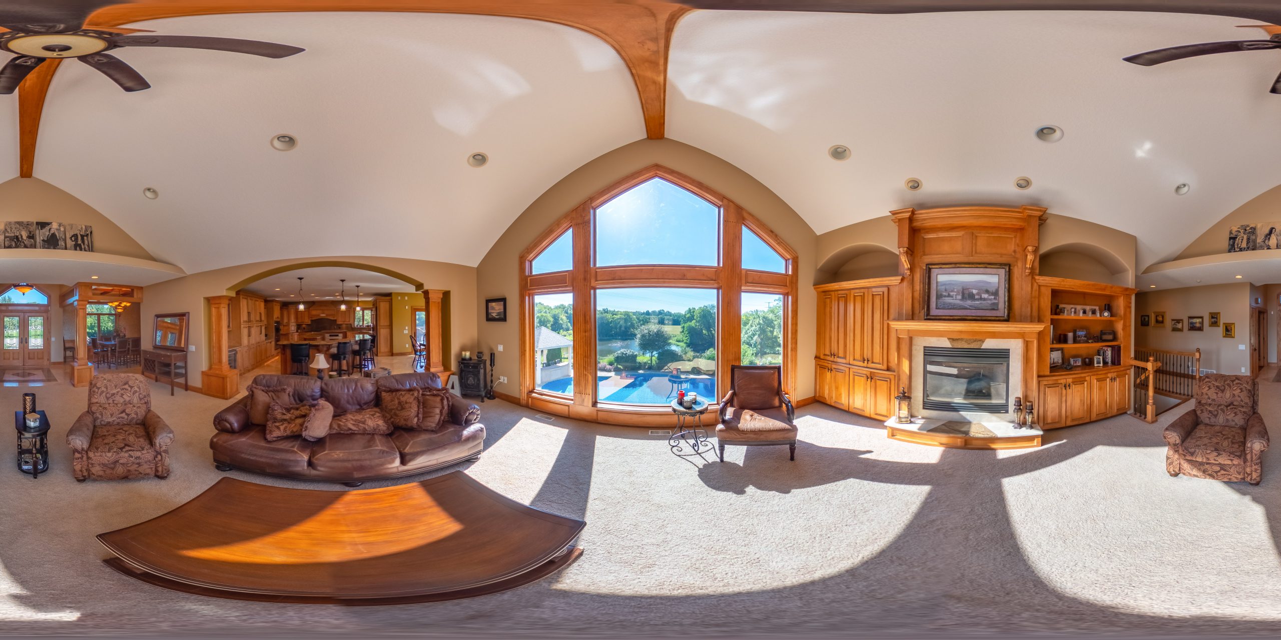 360 Degree Panorama of living room of a luxury home outside of Adel, Iowa.